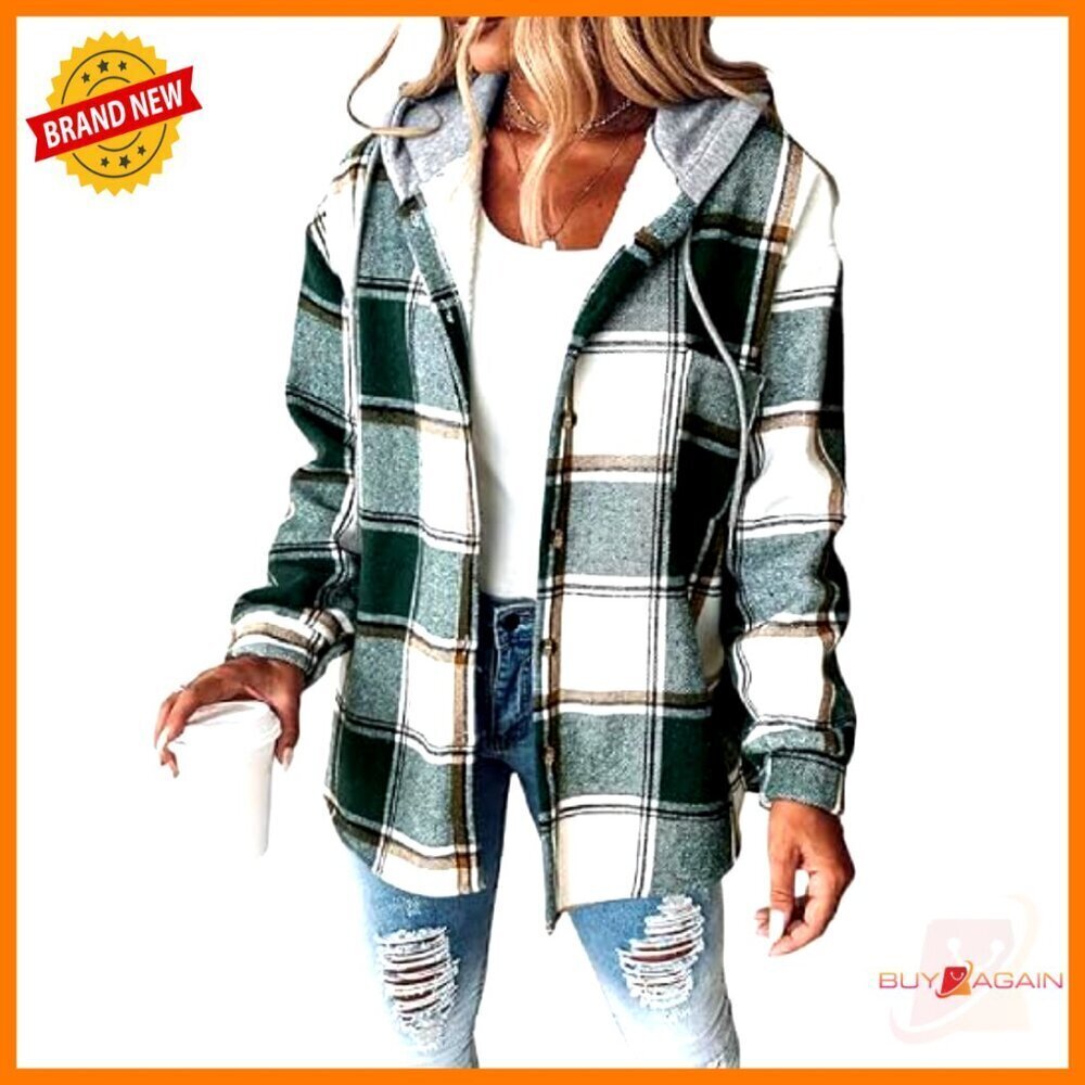 Lightweight Plaid Shacket Fleece Lined Hooded Jacket Casual Chic Oversized